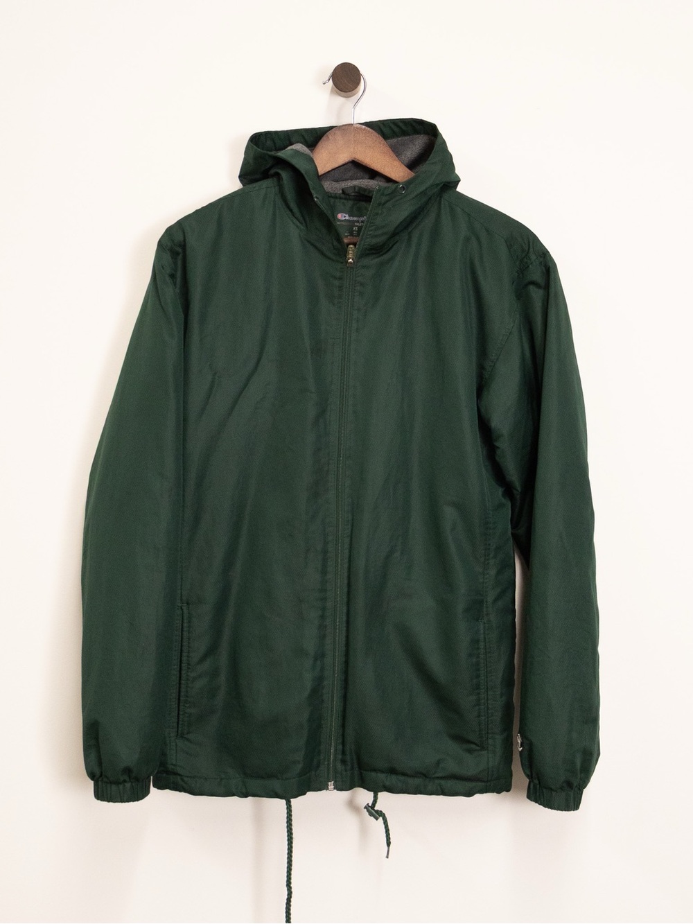 Champion Forest Green Fleece-Lined Hooded Windbreaker Jacket — XS